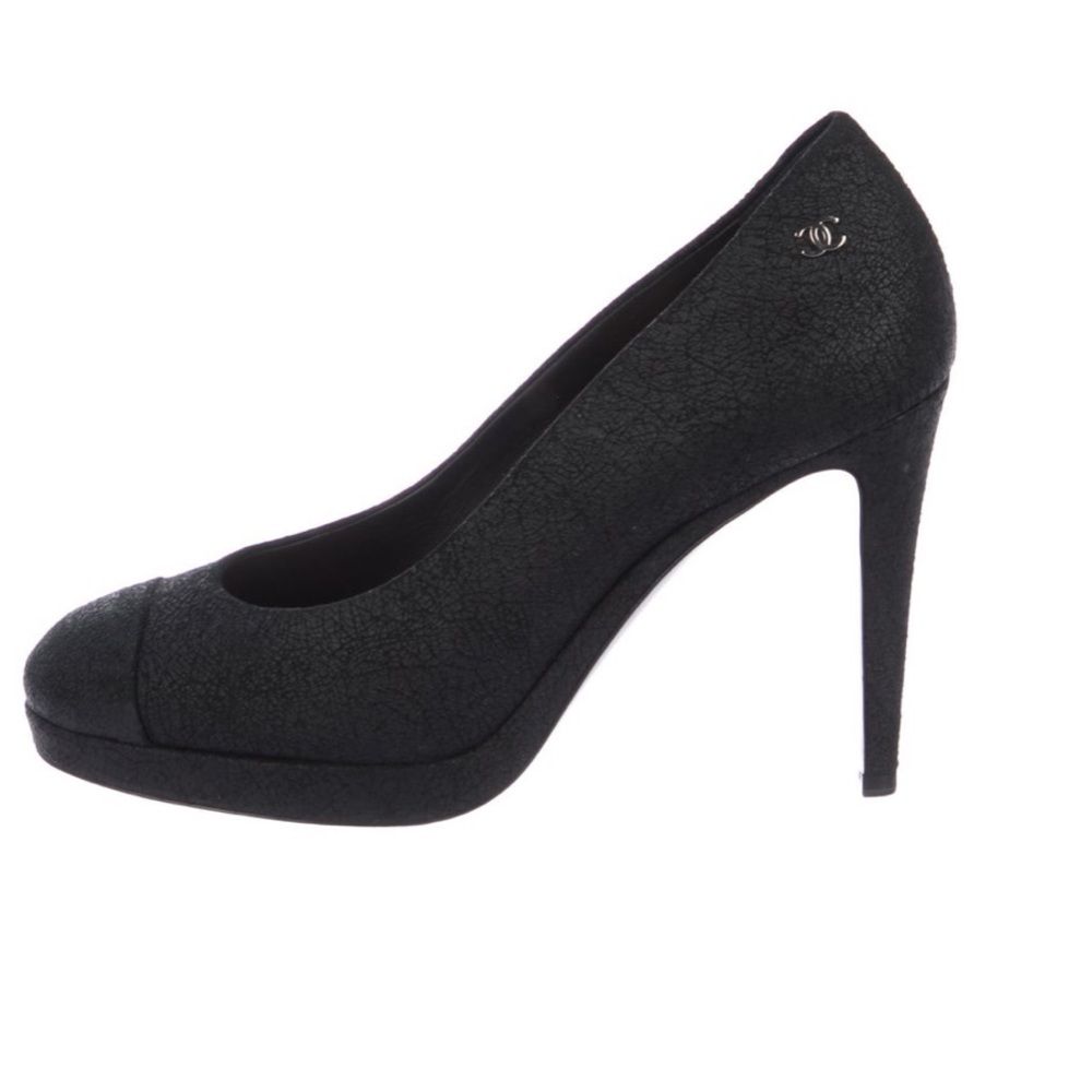 Chanel black cap-toe pumps